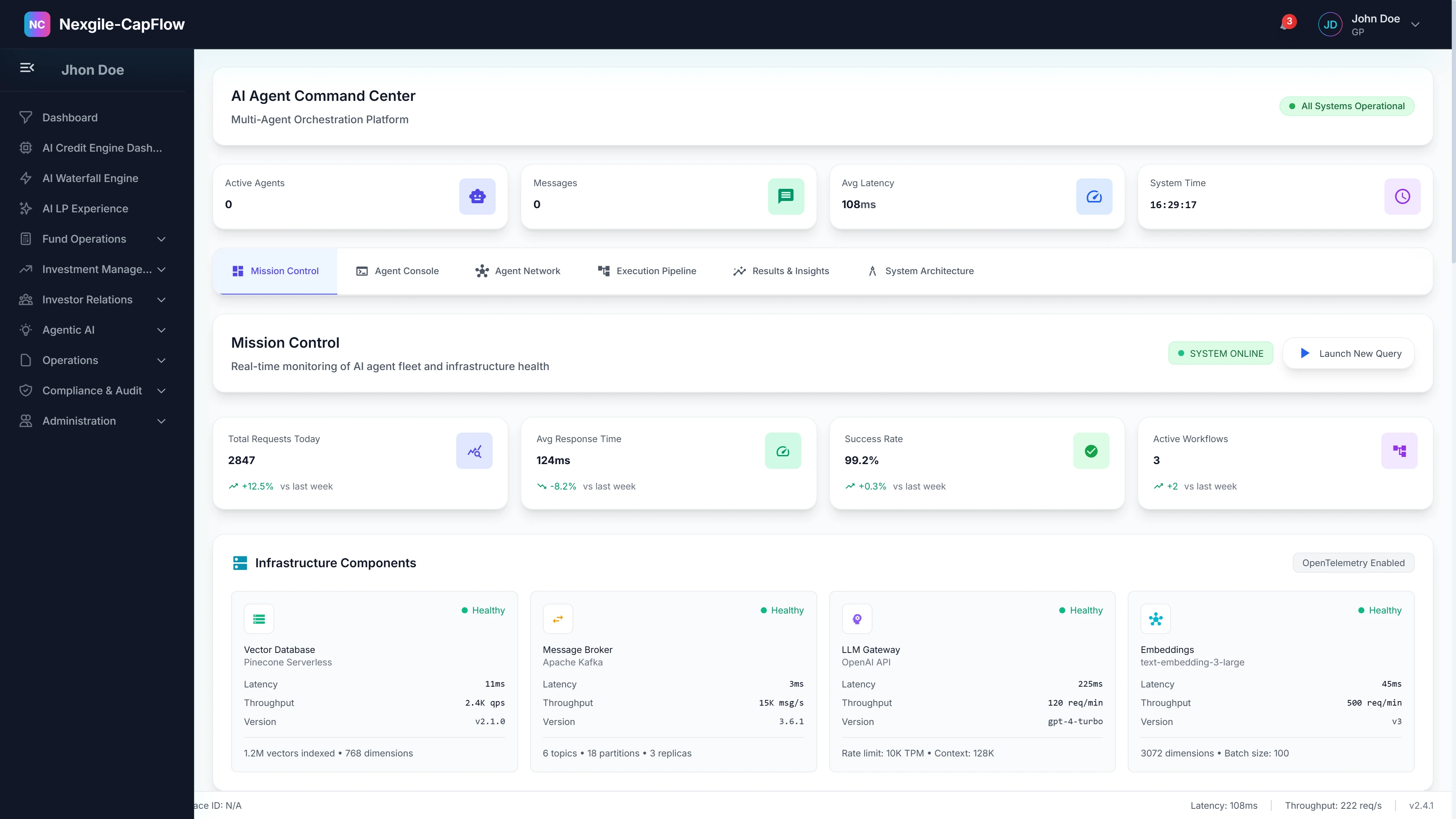 AI Agent Command Center - Multi-agent orchestration platform showing Mission Control dashboard with active agents (11), messages (0), average latency (108ms), system time tracking, infrastructure components (Vector Database, Message Broker, LLM Gateway, Embeddings) with real-time health monitoring, latency metrics, throughput, and version information