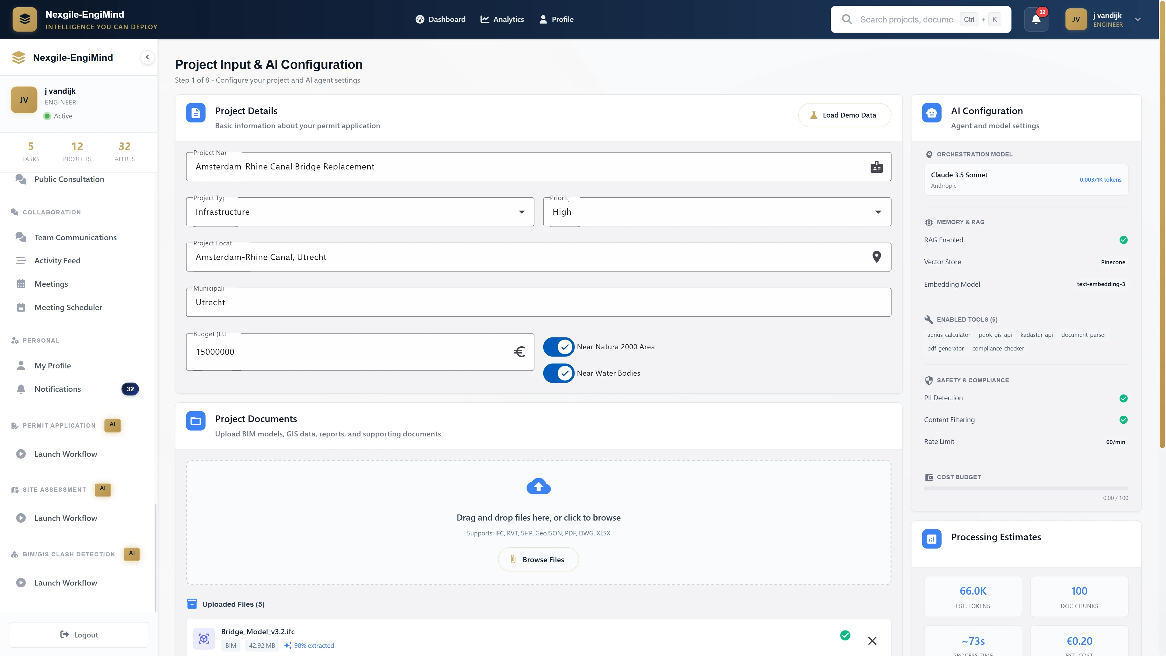 Project Input & AI Configuration screen with document upload, agent settings, and processing estimates for permit applications