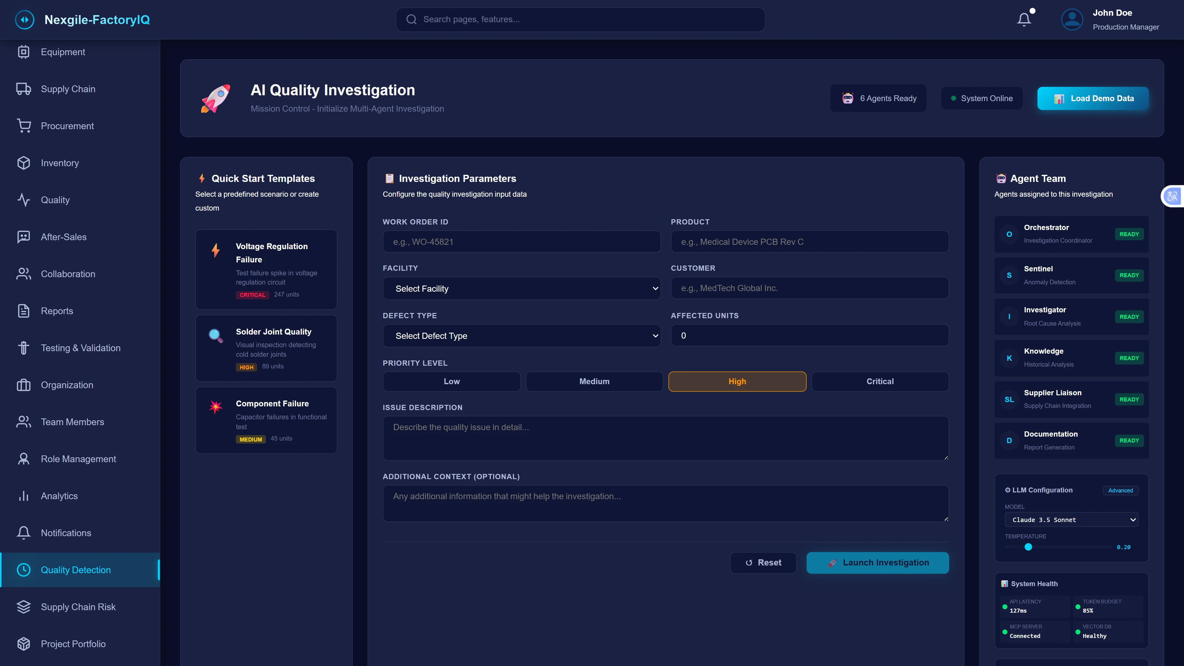 Quality Investigation Mission Control - Initial configuration interface displaying quick start templates for common quality scenarios, investigation parameter inputs including work order ID, product details, facility selection, defect type classification, and priority level assignment. The agent team panel shows 6 specialized AI agents in ready status with LLM configuration options and system health monitoring.