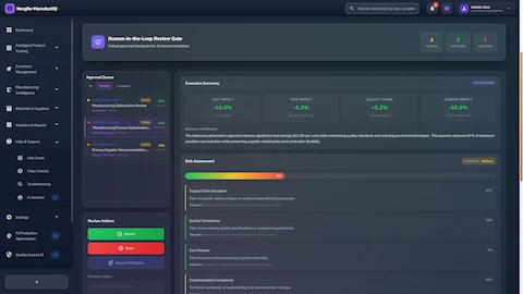 Human-in-the-loop review gate showing optimization scenarios with cost, time, quality, and carbon impact analysis for approval or modification