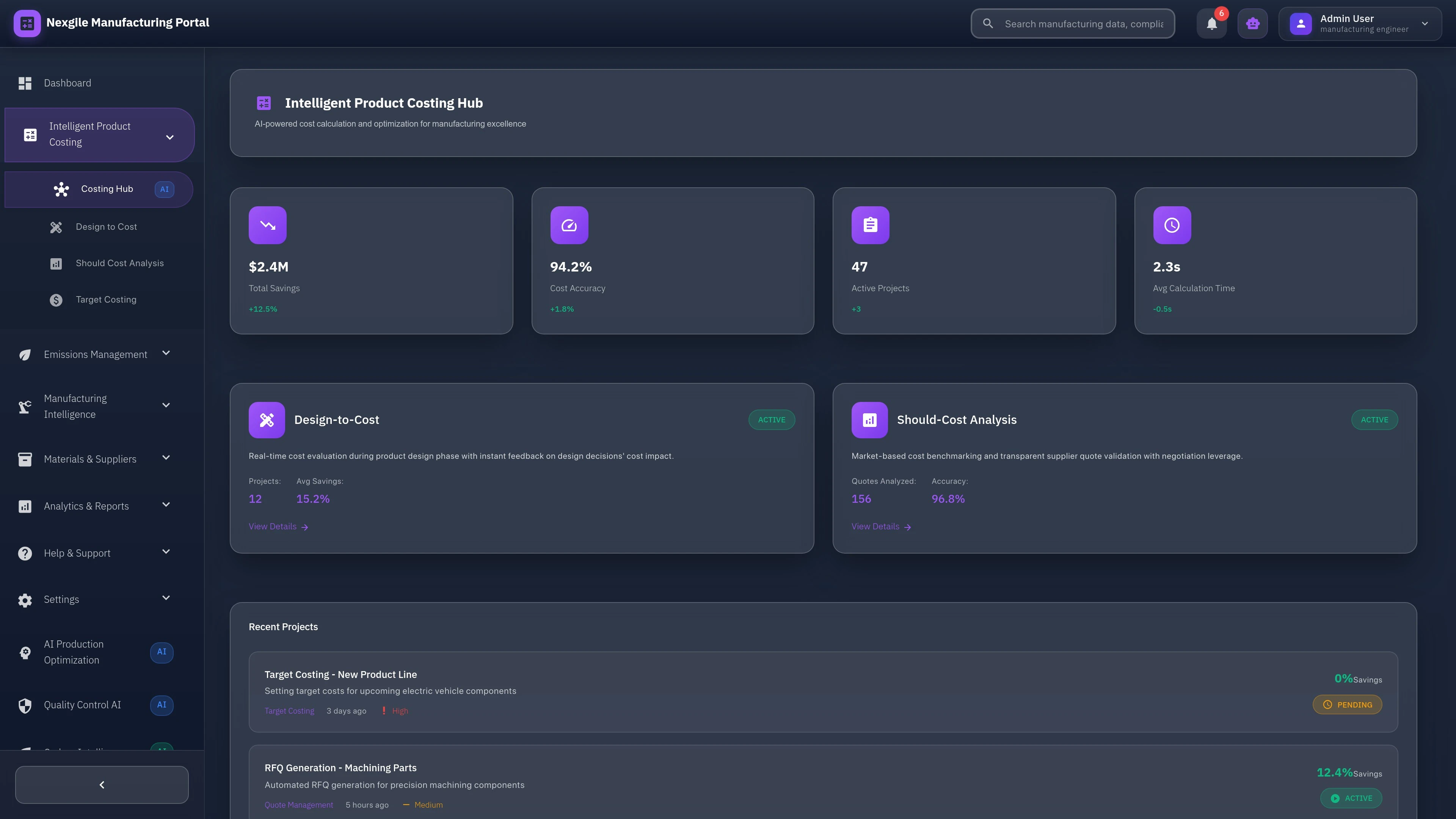 Costing Dashboard of the Nexgile-ManufactIQ Forge portal