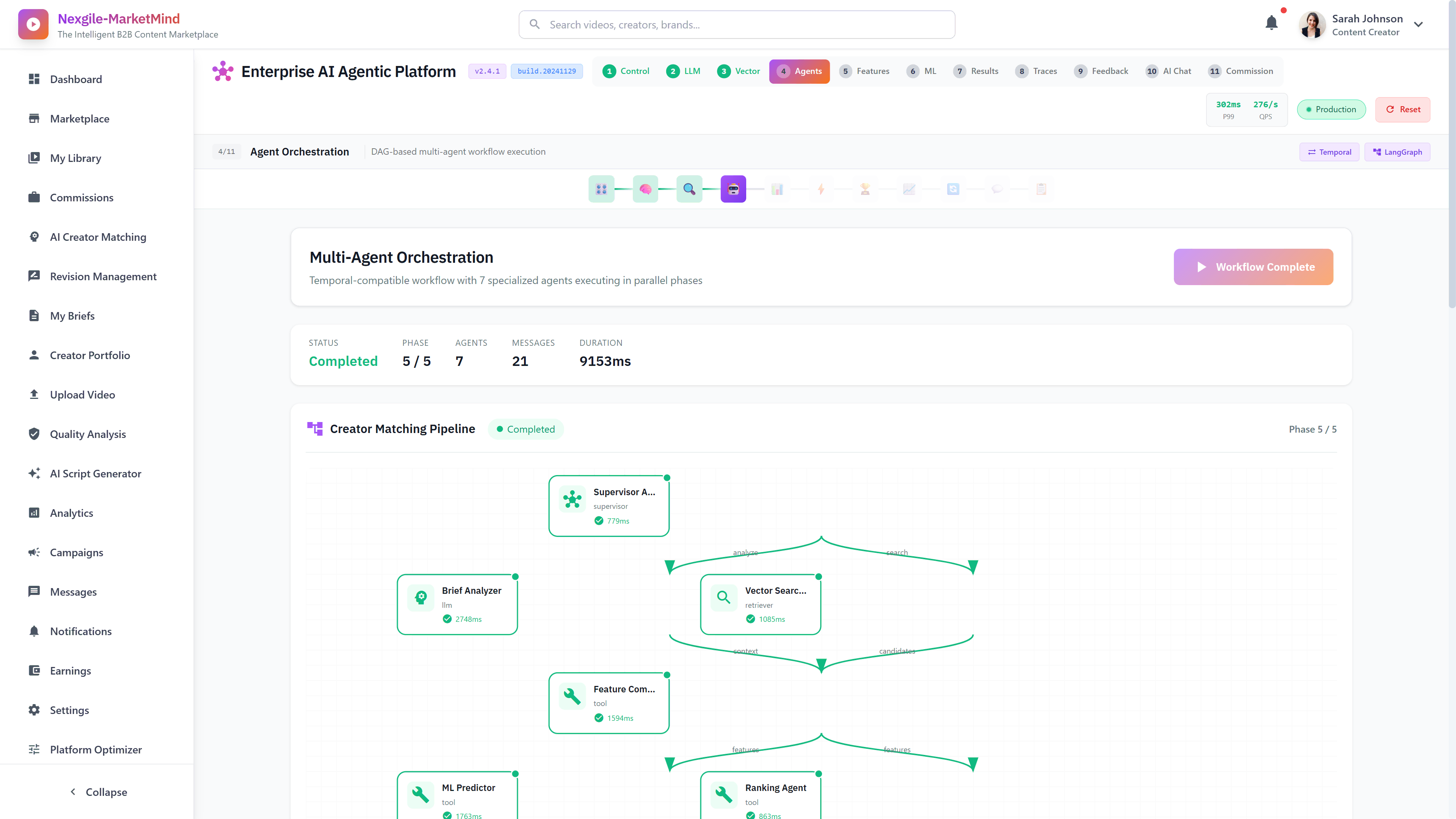 Multi-Agent Orchestration - Temporal-compatible workflow showing 7 specialized agents executing in parallel phases across the creator matching pipeline