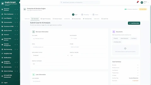Enterprise AI Decision Engine case input form for borrower information, document upload (paystubs, bank statements, tax returns), and loan details