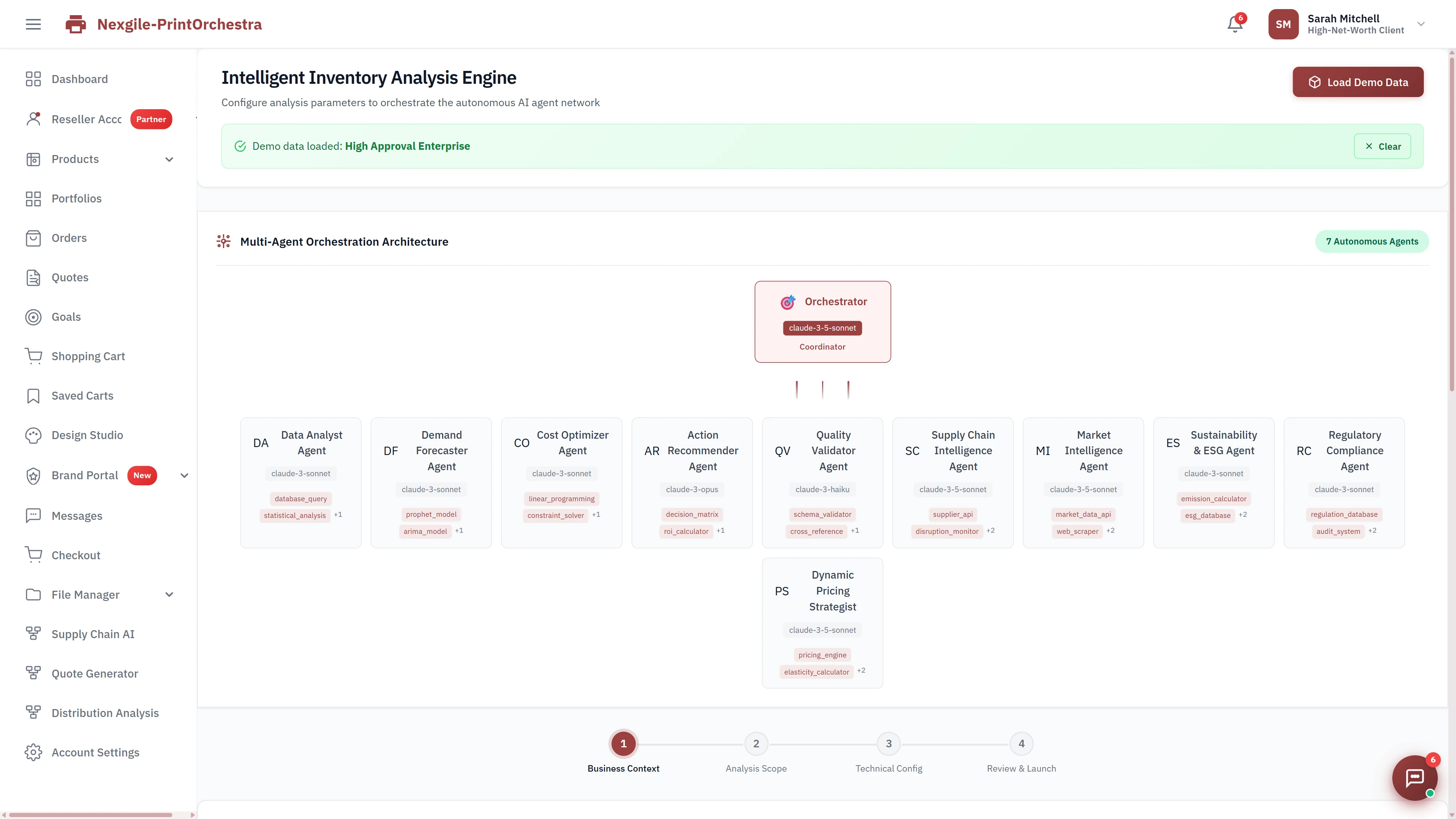 Intelligent Inventory Analysis Engine configuration showing multi-agent orchestration architecture with 11 autonomous agents (Data Analyst, Demand Forecaster, Cost Optimizer, Supply Chain Intelligence, and more) powered by Claude AI models.
