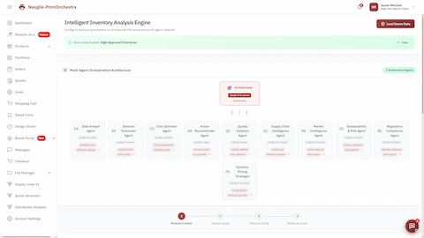 Intelligent Inventory Analysis Engine configuration showing multi-agent orchestration architecture with 11 autonomous agents (Data Analyst, Demand Forecaster, Cost Optimizer, Supply Chain Intelligence, and more) powered by Claude AI models.