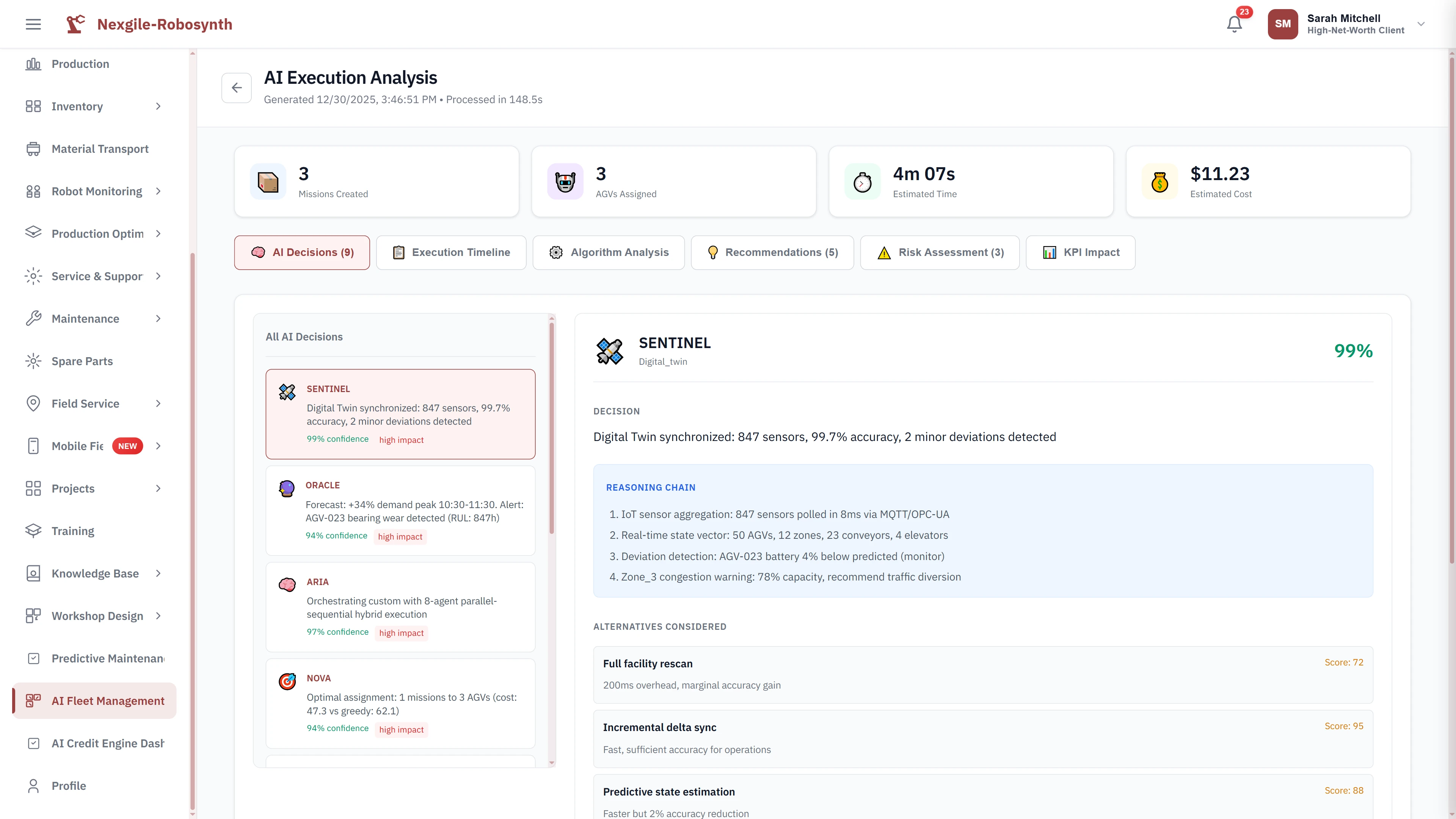 AI execution analysis presenting detailed agent decisions with 99% confidence digital twin synchronization and optimal mission assignment recommendations