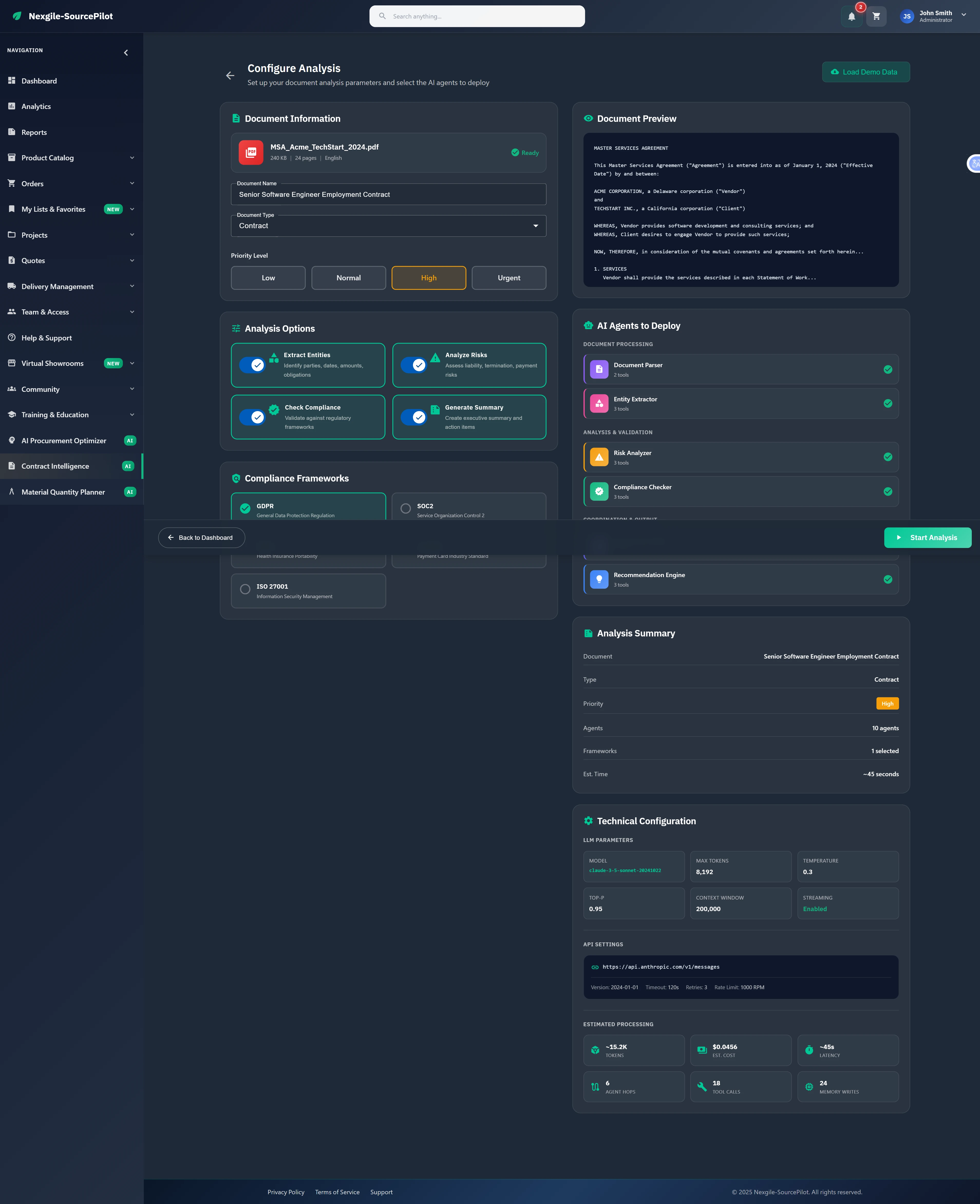 Document analysis configuration interface with compliance framework selection and AI agent deployment options