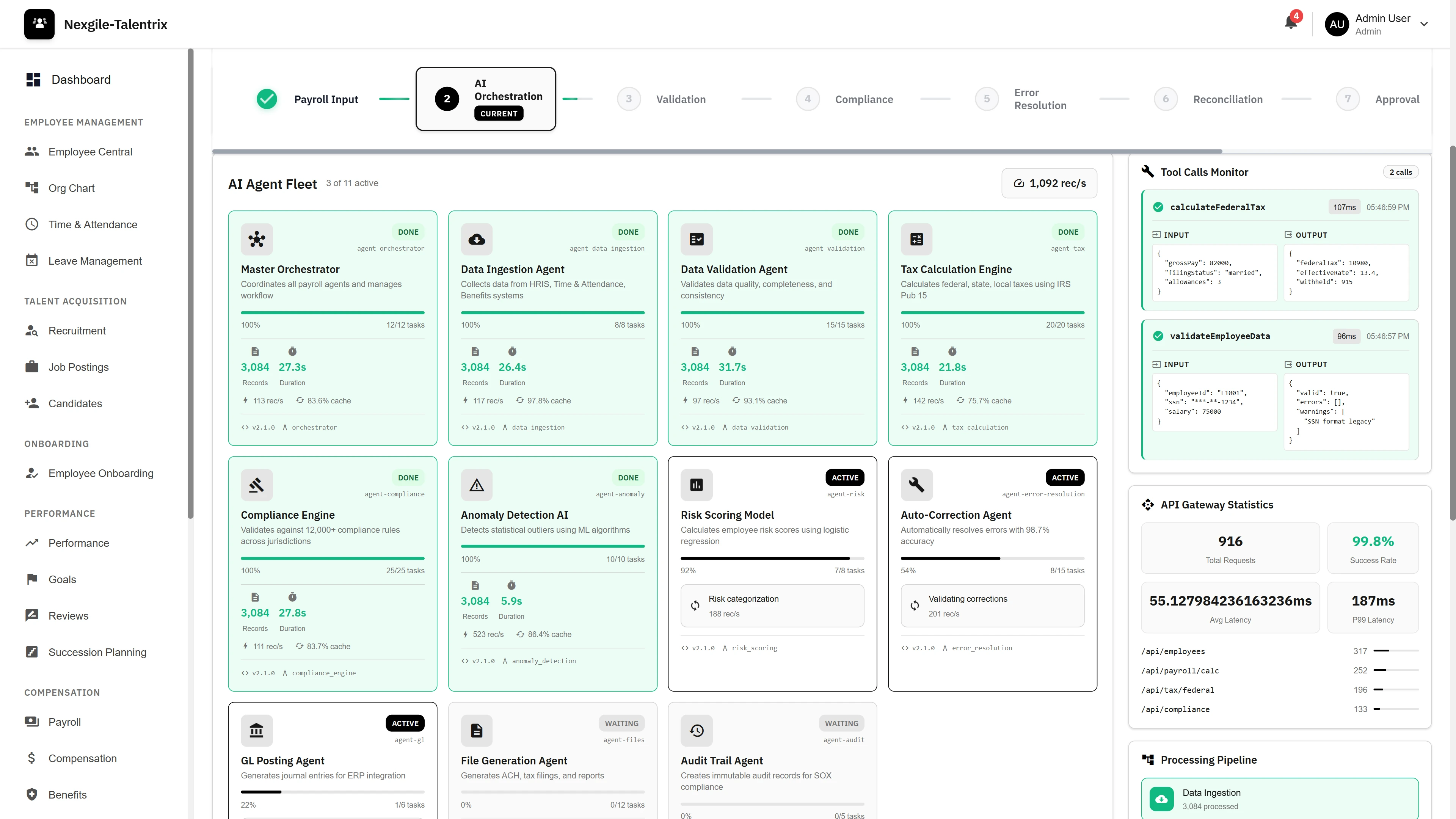AI Agent Fleet - Multi-agent orchestration dashboard showing Master Orchestrator, Data Ingestion, Validation, Tax Calculation, Compliance, and Auto-Correction agents with real-time status