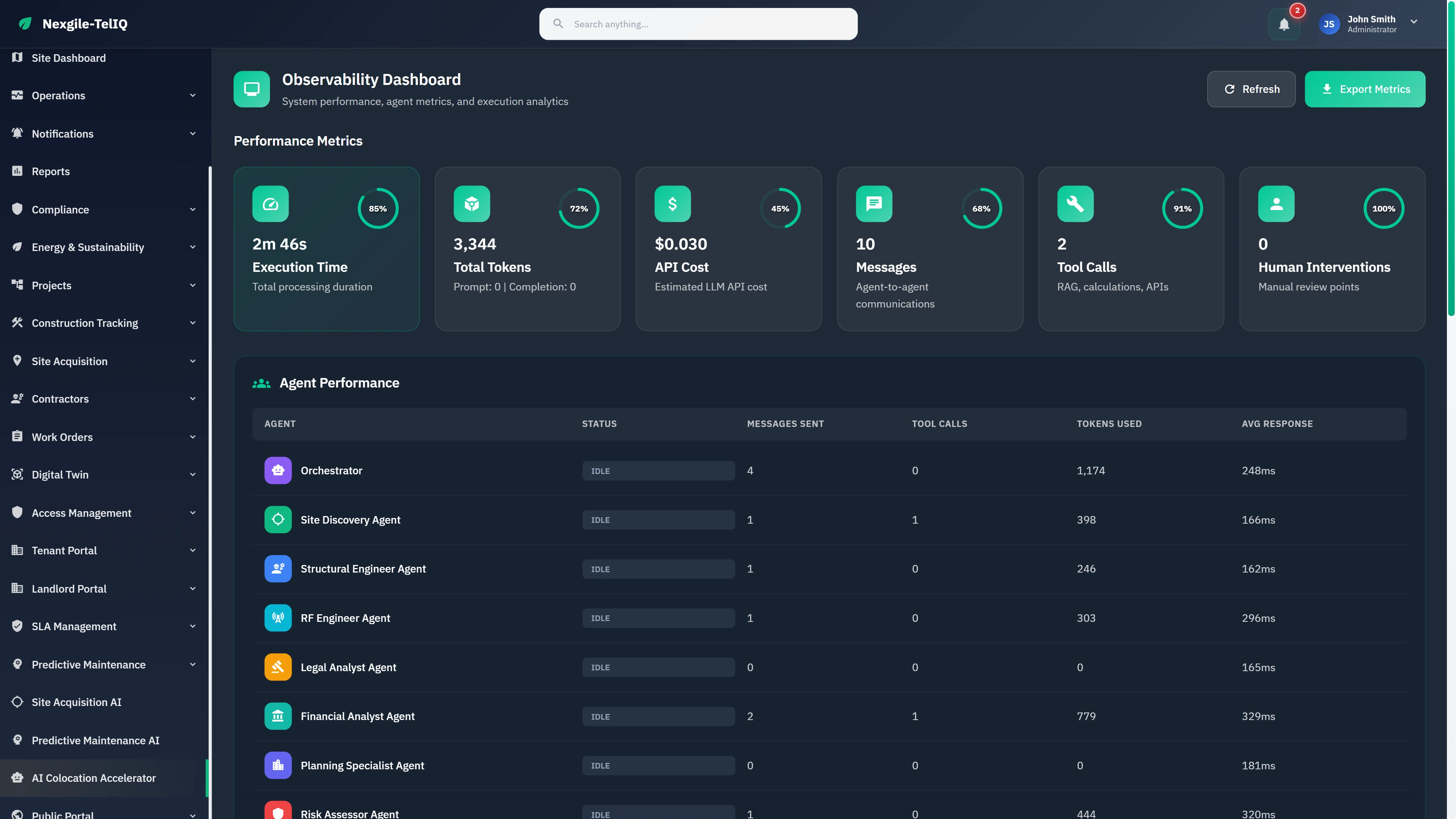 Observability Dashboard tracking system performance metrics, API costs, token usage, and individual agent execution analytics