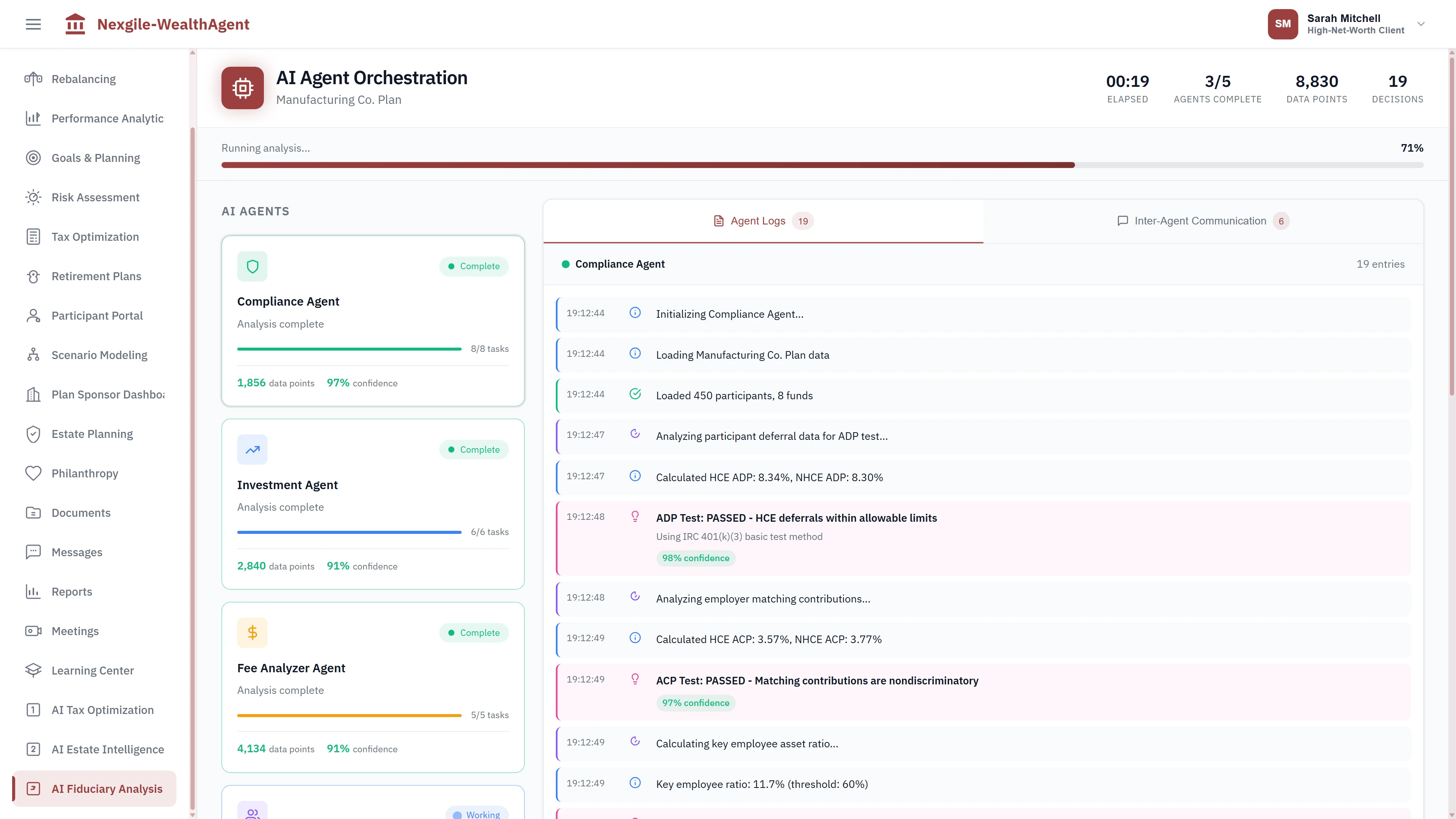 AI Agent Orchestration for 401(k) plan analysis showing Compliance Agent, Investment Agent, and Fee Analyzer Agent with completion status, real-time agent logs displaying ADP/ACP nondiscrimination test calculations, HCE/NHCE deferral percentages, and IRC 401(k)(3) compliance verification with confidence scores